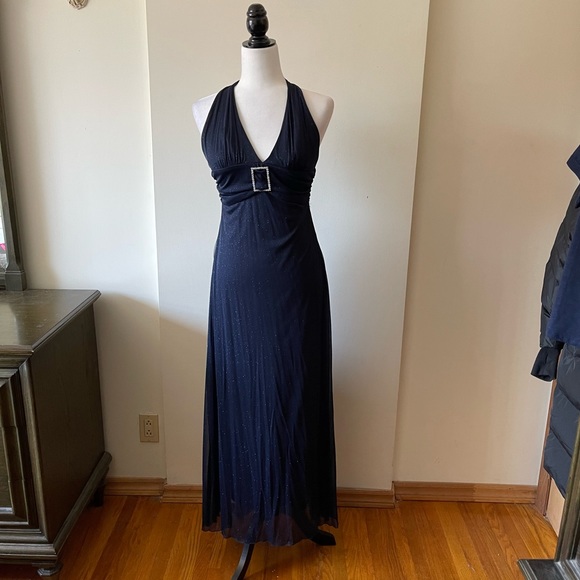 Vintage Y2K glitter blue stretchy halter top gown prom dress buckle - Picture 3 of 11
